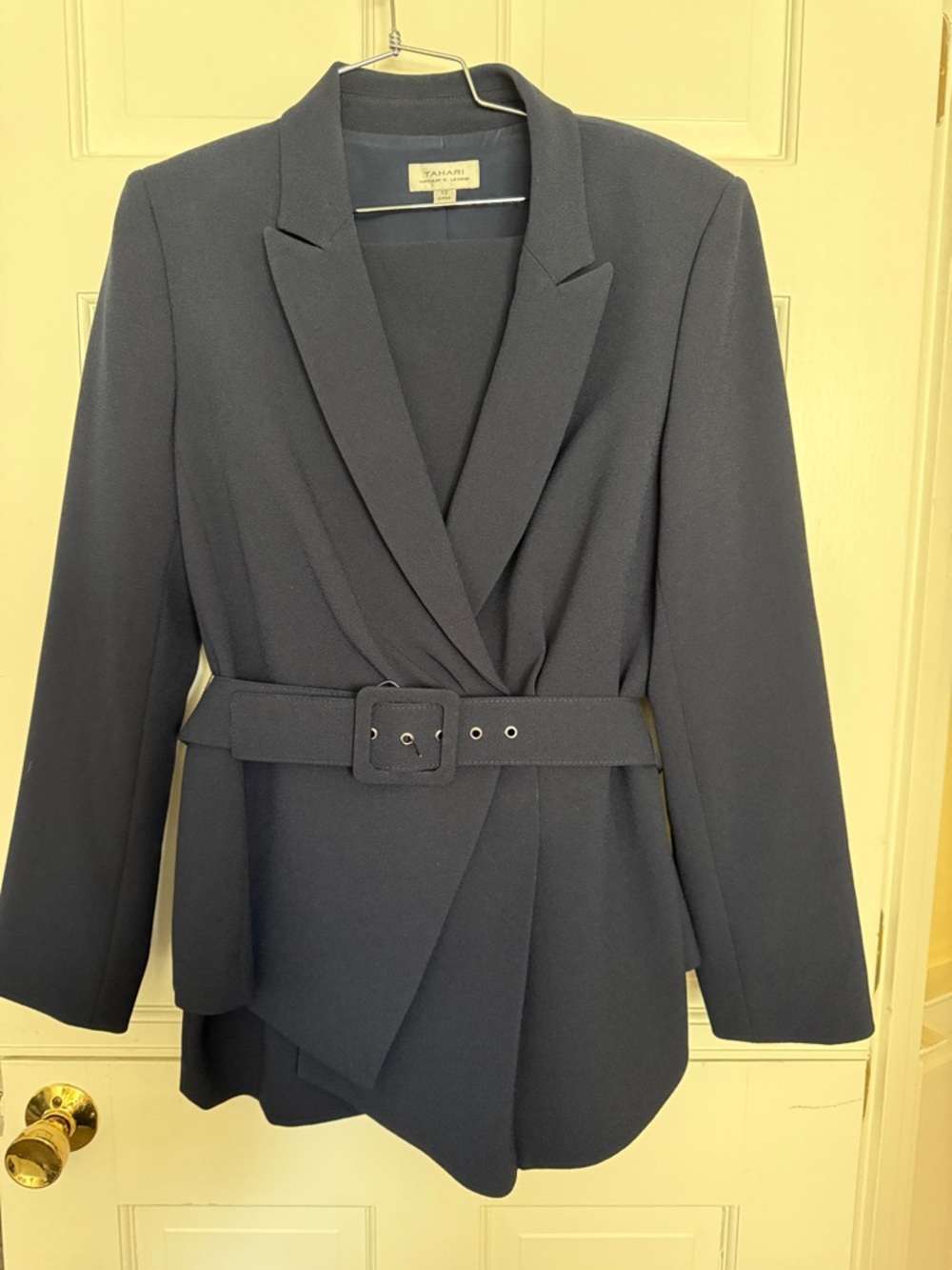 Tahari Navy Belted Wrap-Style Blazer and skirt